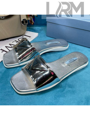 Prada Shiny Leather Triangle Logo Flat Slide Sandals Silver 2021