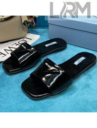 Prada Shiny Leather Triangle Logo Flat Slide Sandals Black 2021