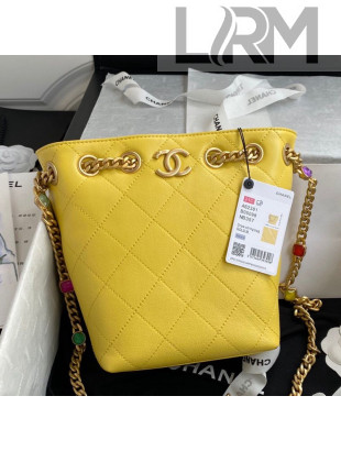 Chanel Quilted Lambskin Drawstring Bucket Bag AS2381 Yellow 2021