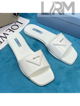 Prada Shiny Leather Triangle Logo Flat Slide Sandals White 2021