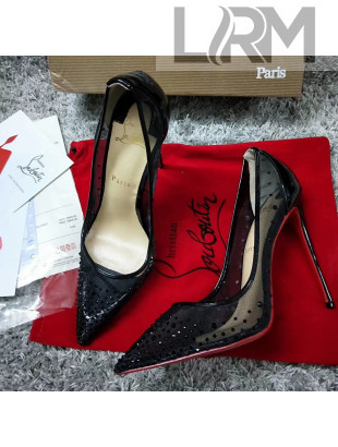 Christian Louboutin Black Patent Leather Mesh Pump With Black Crystal 2018