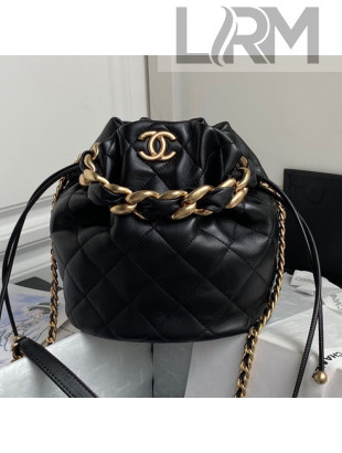 Chanel Shiny Lambskin Large Drawstring Bucket Bag AS2425 Black 2021