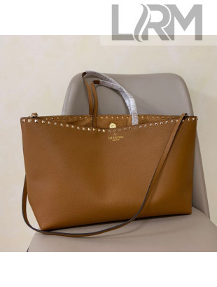 Valentino Large Grainy Calfskin Leather Rockstud Shopping Bag 0071L Brown 2020