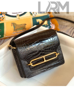 Hermes Sac Roulis 18cm Bag in Crocodile Embossed Calf Leather Black/Gold 2019