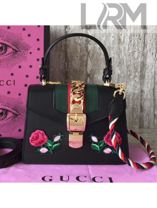 Gucci Sylvie Embroidered Flower Leather Top Handle Mini Bag 470270 Black 2017