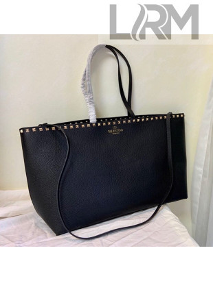 Valentino Large Grainy Calfskin Leather Rockstud Shopping Bag 0071L Black/Gold 2020