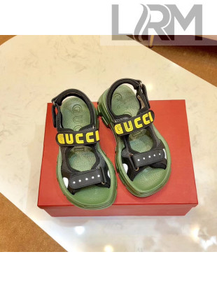 Gucci Flat Leather and Mesh Sandal 549909 Green/Black 2019(For Women and Men)