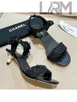 Chanel Tweed Pearl Heel Sandals Black 2021