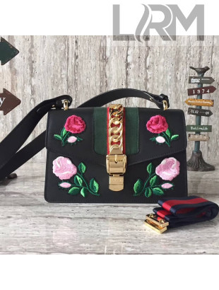 Gucci Sylvie Embroidered Flower Leather Shoulder Bag 421882 Black 2017
