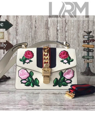 Gucci Sylvie Embroidered Flower Leather Shoulder Bag 421882 White 2017