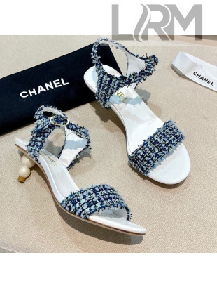 Chanel Tweed Pearl Heel Sandals Navy Blue 2021