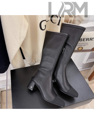 Chanel Leather & Grosgrain Calf-High Boots 5cm Black 2021 111047