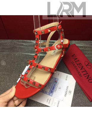 Valentino Calfskin Rockstud Flat Sandal Red 2017