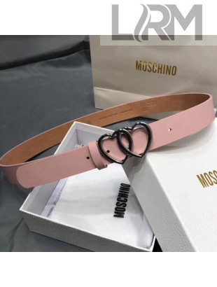 Moschino Love Leather Belt with Double Hearts Buckle 30mm Pink 2019