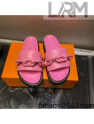 Louis Vuitton LV Sunset Monogram Leather Flat Comfort Slide Sandals with Resin Chain Pink 2021