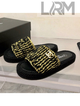 Chanel Braided Knit Flat Slide Sandals G38189 Black/Gold 2022