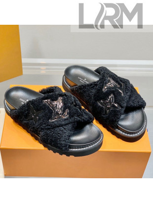 Louis Vuitton Paseo Shearling Flat Comfort Slide Sandals Black 2022