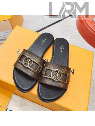 Louis Vuitton Lock It Flat Leather Slide Sandals with LV Circle Monogram Canvas 2022