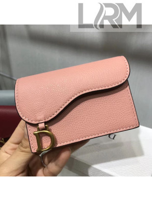 Dior Saddle Grained Calfskin Flap Card Coin Purse Wallet Pink 2019