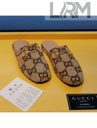 Gucci Horsebit GG Wool Flat Mules Slippers Beige 2020