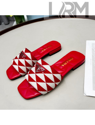 Prada Symbole Jacquard Fabric Flat Slide Sandals Red 2022