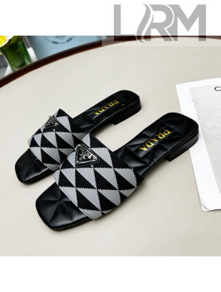 Prada Symbole Jacquard Fabric Flat Slide Sandals Grey 2022