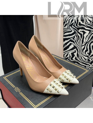 Valentino Rockstud Alcove Calfskin and Patent Leather Pumps 9cm Rose Beige/White 2021 