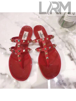 Valentino PVC Stud Flat Thong Slide Sandals Red 2022 93