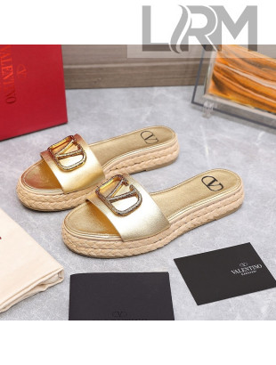 Valentino VLogo Calfskin Slide Sandals Gold 2022 98