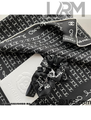 Chanel Silk Sqaure Scarf and Hair Ring Set Black 2022 17