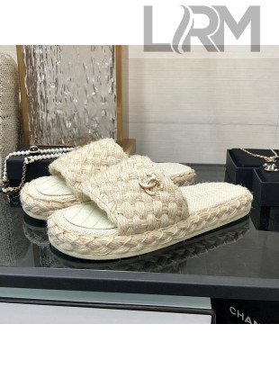 Chanel Cord Braided Flat Slide Sandals White 2022 030763