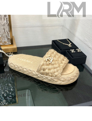 Chanel Cord Braided Flat Slide Sandals Beige 2022 030764