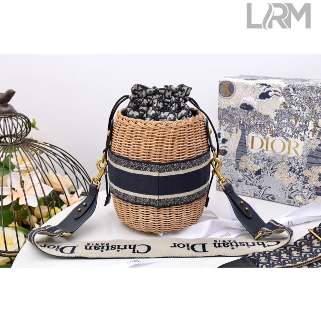 Dior Wicker Bucket Bag in Blue Oblique Jacquard and Natural Wicker 2021