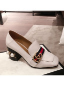 Gucci Leather GG Buckle Pearl Mid-heel Loafers Pumps 423559 White 2020