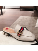 Gucci Leather GG Buckle Pearl Slippers Mules 423694 White 2020