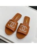 Chanel Pearly CC Leather Flat Slide Sandals Brown 2022