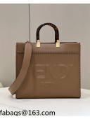 Fendi Sunshine Medium Shopper Tote Bag with Braided Trim Dark Beige 2022 8535