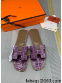 Hermes Oran Stone Embossed Leather Flat Slide Sandals Purple 2022 04