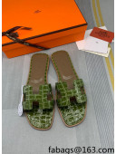 Hermes Oran Stone Embossed Leather Flat Slide Sandals Army Green 2022 09