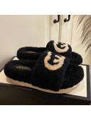 Gucci Shearling Wool GG Flat Slide Sandals Black 2021  