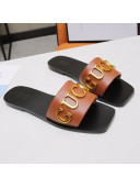 Gucci Gold Signature Calfskin Slide Sandals Brown 2021 (For Women and Men)