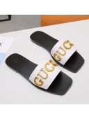 Gucci Gold Signature Calfskin Slide Sandals White 2021 (For Women and Men)