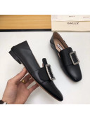 Bally Janelle Loafter In Black Calfskin Leather With Crystal Buckle 2019