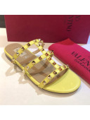 Valentino Rockstud Triple Leather Flat Slide Sandals Yellow 2021