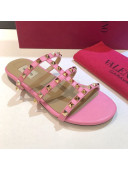 Valentino Rockstud Triple Leather Flat Slide Sandals Pink 2021