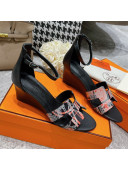 Hermes Calfskin Print Wedge Sandals 7cm Black 2021