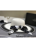 Chanel Straw Wide Brim Bucket Hat with Pearl and Silk Band White 2021