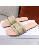 Dior Dway Embroidered Cotton Flat Slide Sandals Pink/Beige 2021