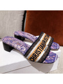 Dior Dway Embroidered Cotton Heel Slide Sandals 5cm Purple/Beige 2021