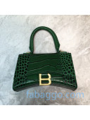 Balenciaga Hourglass Mini Top Handle Bag in Shiny Crocodile Embossed Leather Dark Green/Gold 2020
